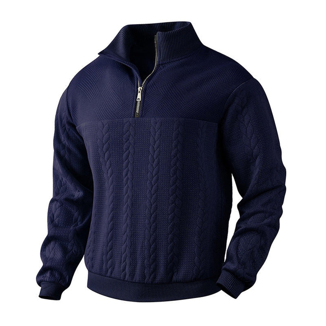 Heren Kabelgebreid Quarter-Zip Pullover Sweater - Marineblauw