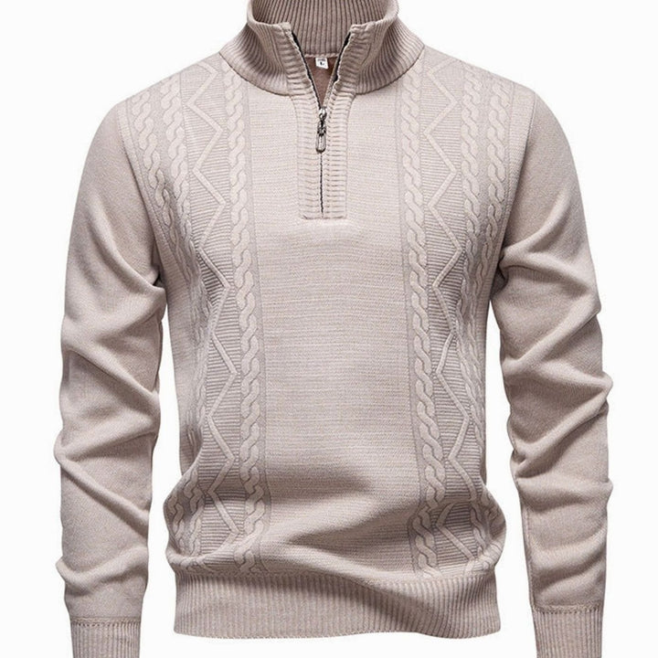 Heren Kabelgebreide Quarter-Zip Pullover met Staande Kraag - Beige