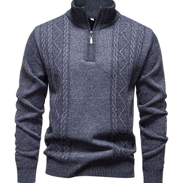 Heren Kabelgebreide Quarter-Zip Pullover met Staande Kraag - Lichtgrijs