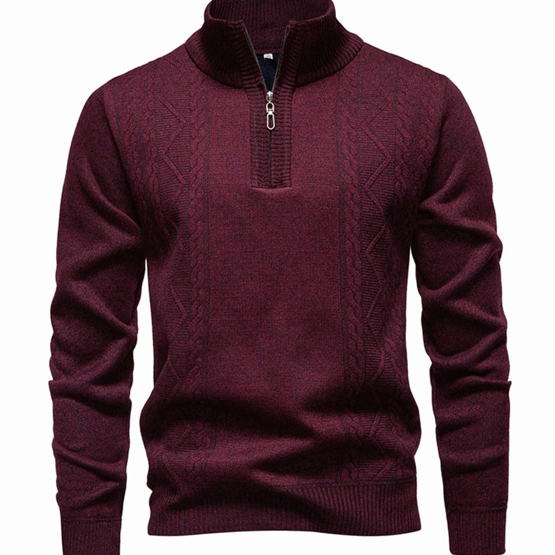 Heren Kabelgebreide Quarter-Zip Pullover met Staande Kraag - Bordeaux