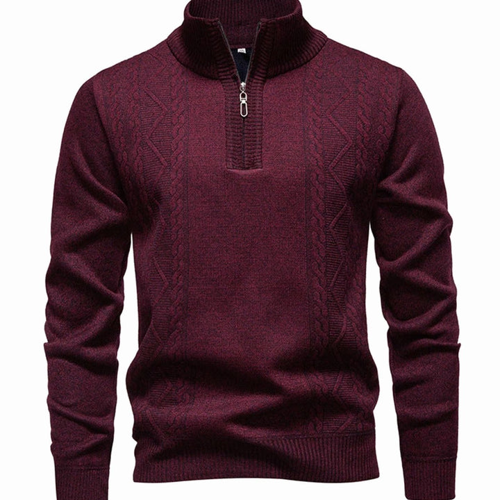 Heren Kabelgebreide Quarter-Zip Pullover met Staande Kraag - Bordeaux