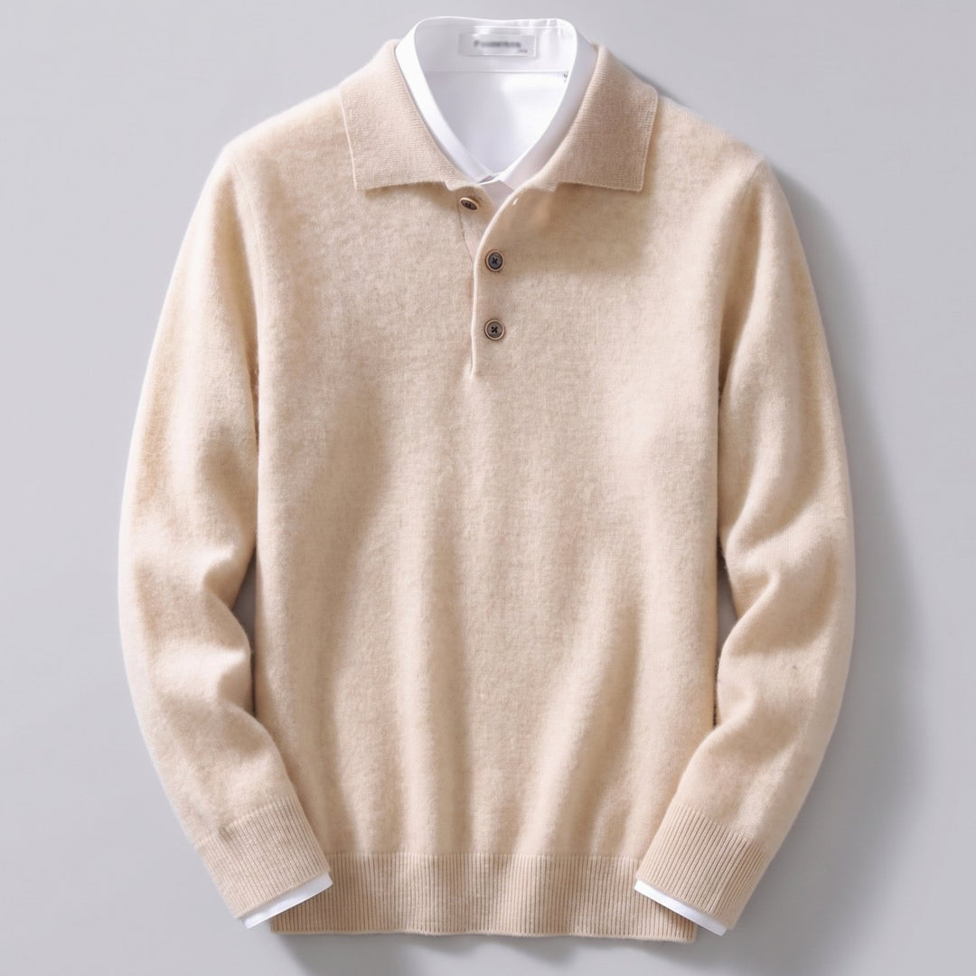 Heren Kasjmier Poloshirt met Lange Mouwen Klassieke Kraag - Beige