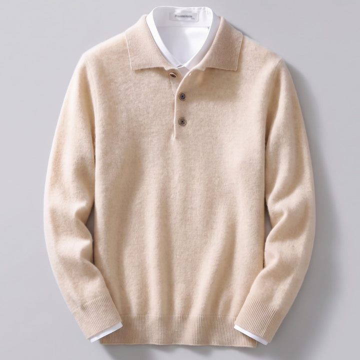 Heren Kasjmier Poloshirt met Lange Mouwen Klassieke Kraag - Beige