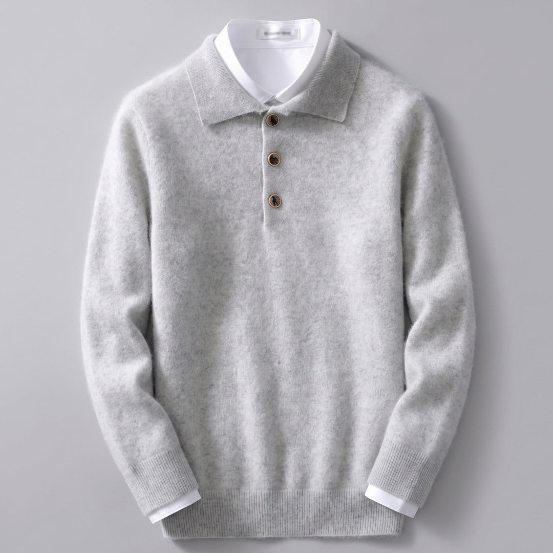 Heren Kasjmier Poloshirt met Lange Mouwen Klassieke Kraag - Grijs