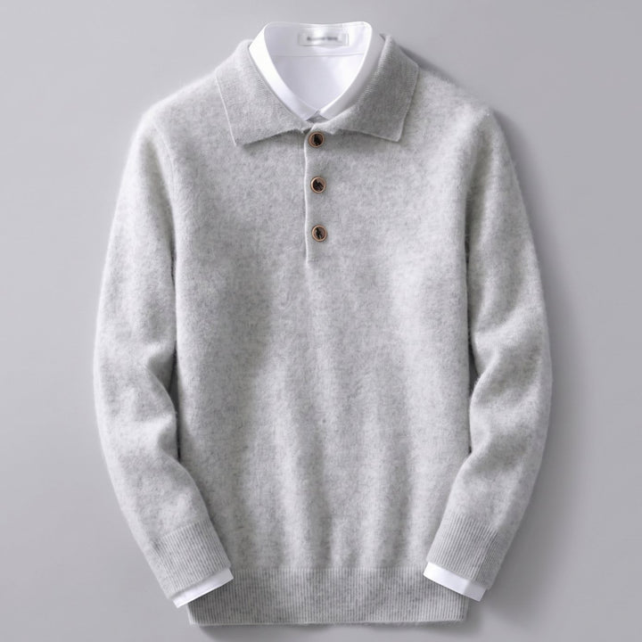 Heren Kasjmier Poloshirt met Lange Mouwen Klassieke Kraag - Grijs