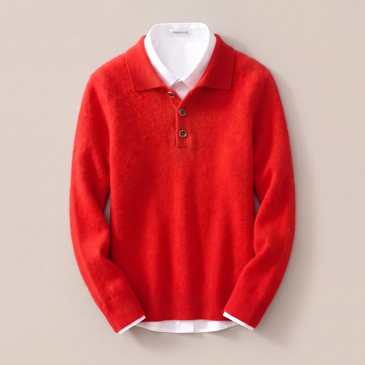 Heren Kasjmier Poloshirt met Lange Mouwen Klassieke Kraag - Rood
