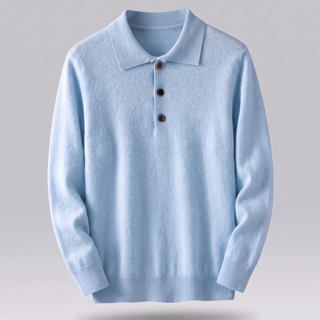 Heren Kasjmier Poloshirt met Lange Mouwen Klassieke Kraag - Lichtblauw