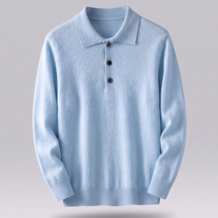 Heren Kasjmier Poloshirt met Lange Mouwen Klassieke Kraag - Lichtblauw