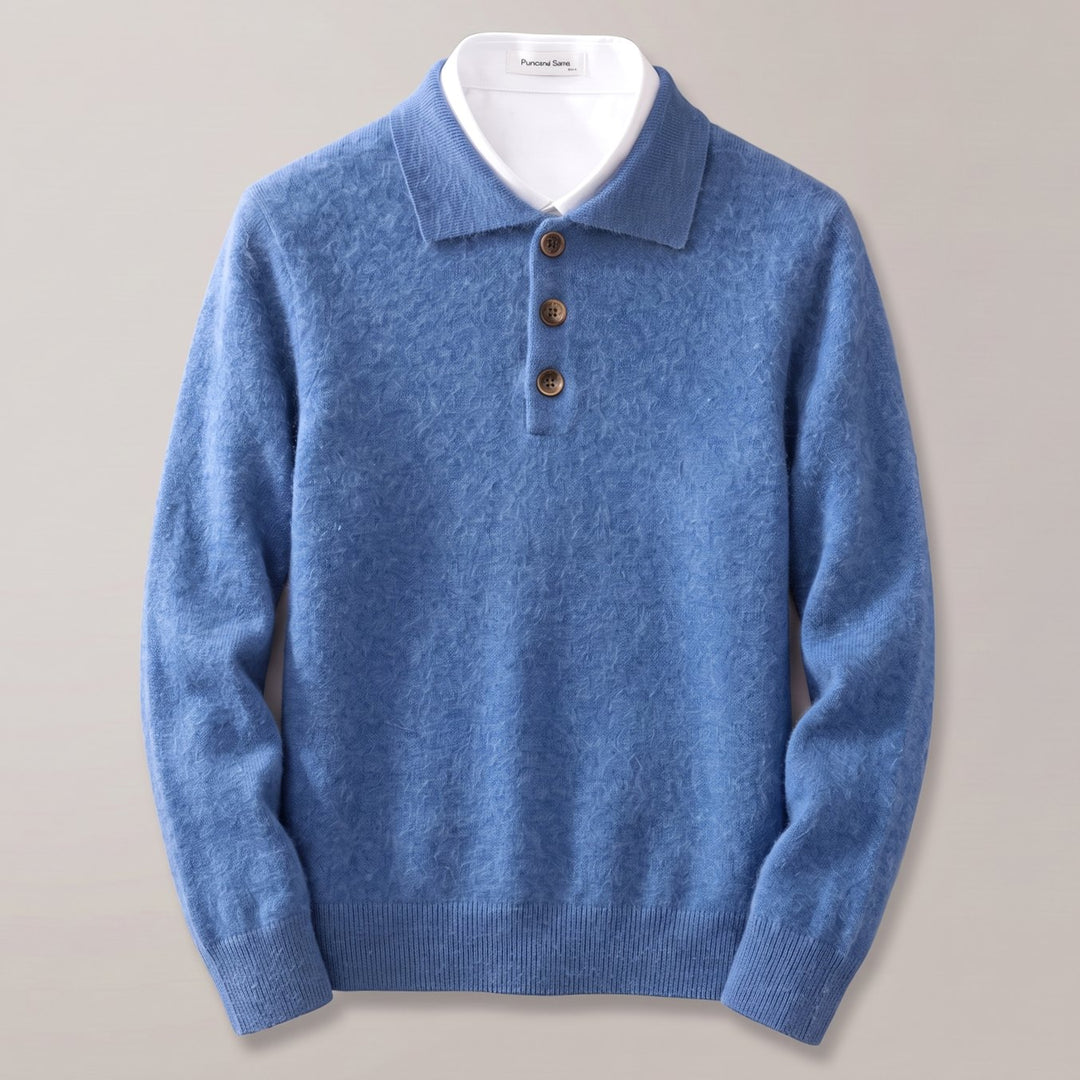 Heren Kasjmier Poloshirt met Lange Mouwen Klassieke Kraag - Blauw