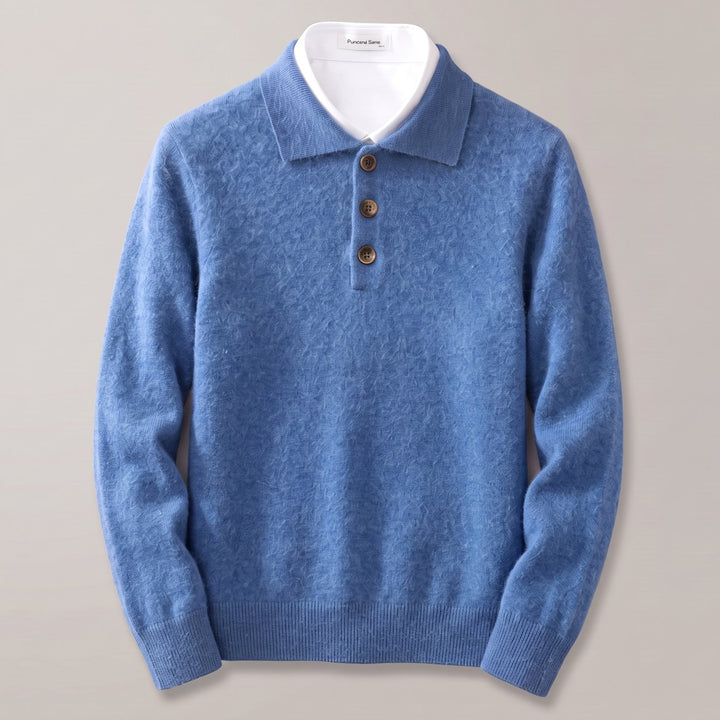 Heren Kasjmier Poloshirt met Lange Mouwen Klassieke Kraag - Blauw