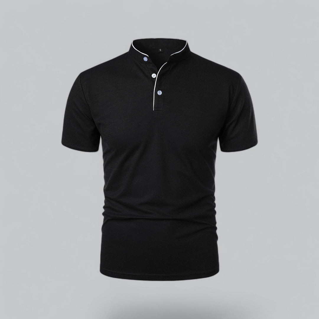 Heren Katoenen Kraagloze Polo Shirt Korte Mouwen - Black
