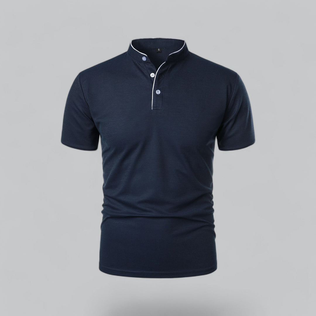 Heren Katoenen Kraagloze Polo Shirt Korte Mouwen - Navy Blue