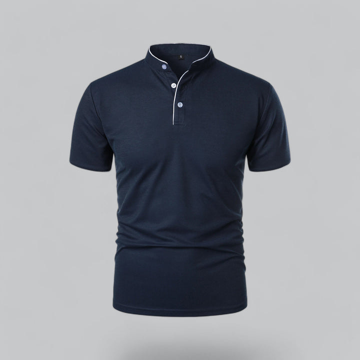 Heren Katoenen Kraagloze Polo Shirt Korte Mouwen - Navy Blue