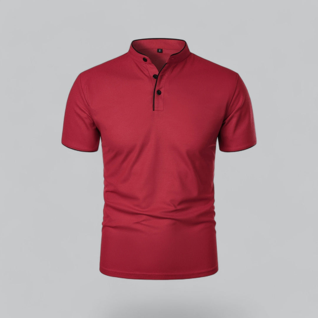 Heren Katoenen Kraagloze Polo Shirt Korte Mouwen - Dark Red