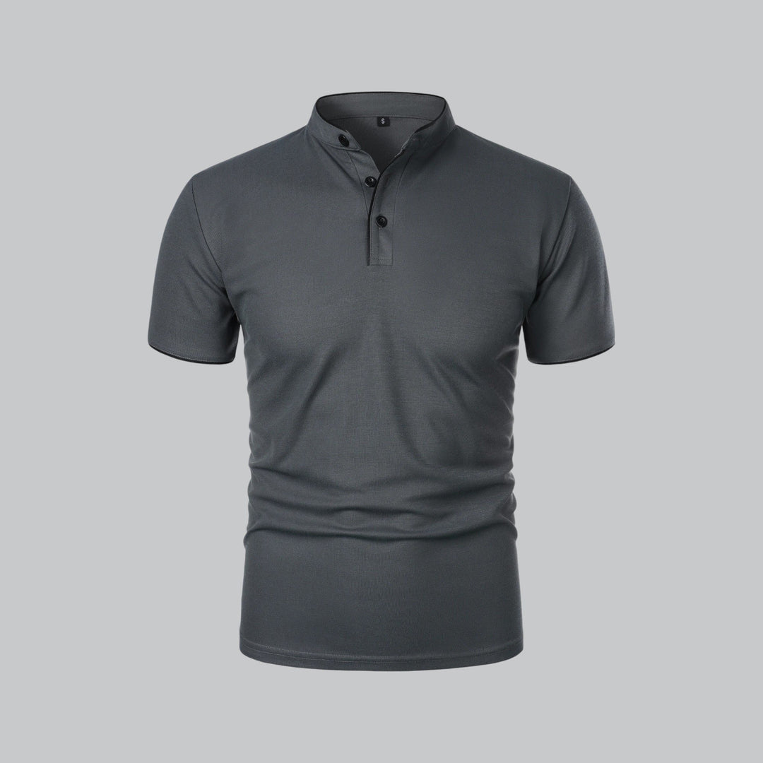 Heren Katoenen Kraagloze Polo Shirt Korte Mouwen - Dark Grey