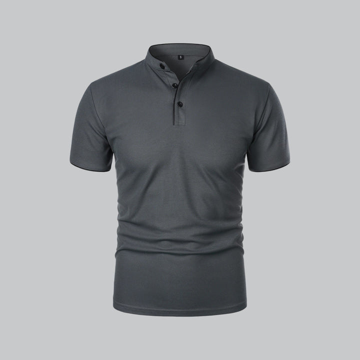 Heren Katoenen Kraagloze Polo Shirt Korte Mouwen - Dark Grey