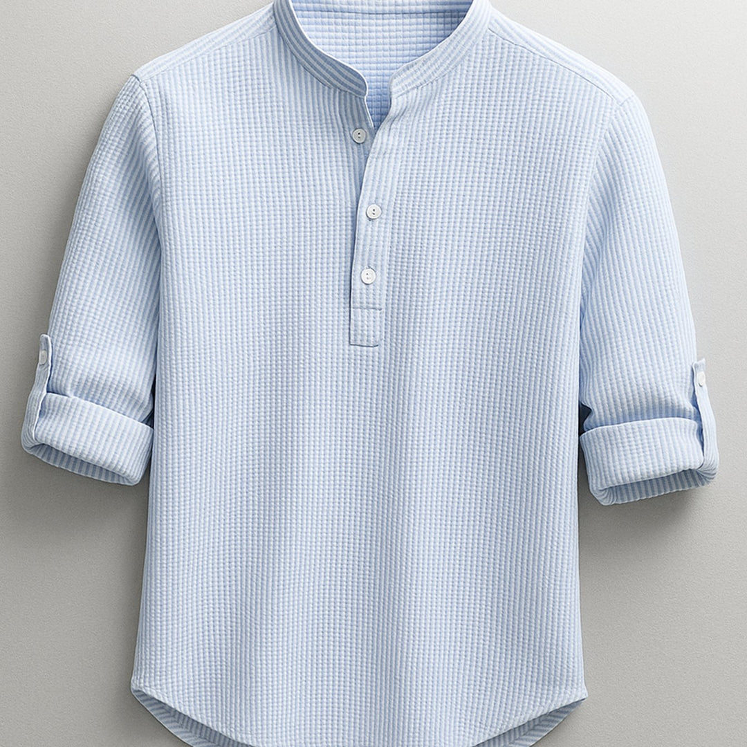 Heren Katoenen Overhemd Staande Kraag Knoop Relaxed Fit - Blauw