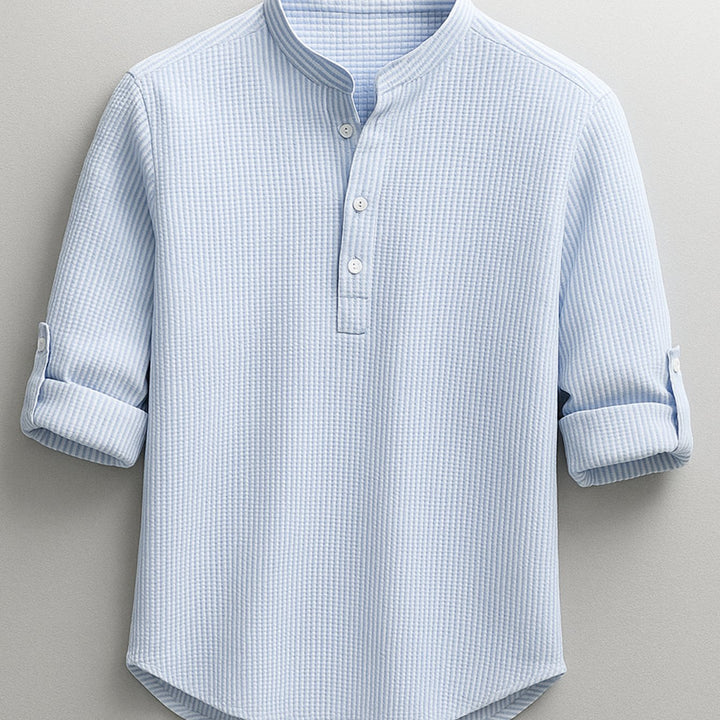 Heren Katoenen Overhemd Staande Kraag Knoop Relaxed Fit - Blauw