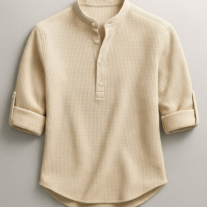 Heren Katoenen Overhemd Staande Kraag Knoop Relaxed Fit - Khaki