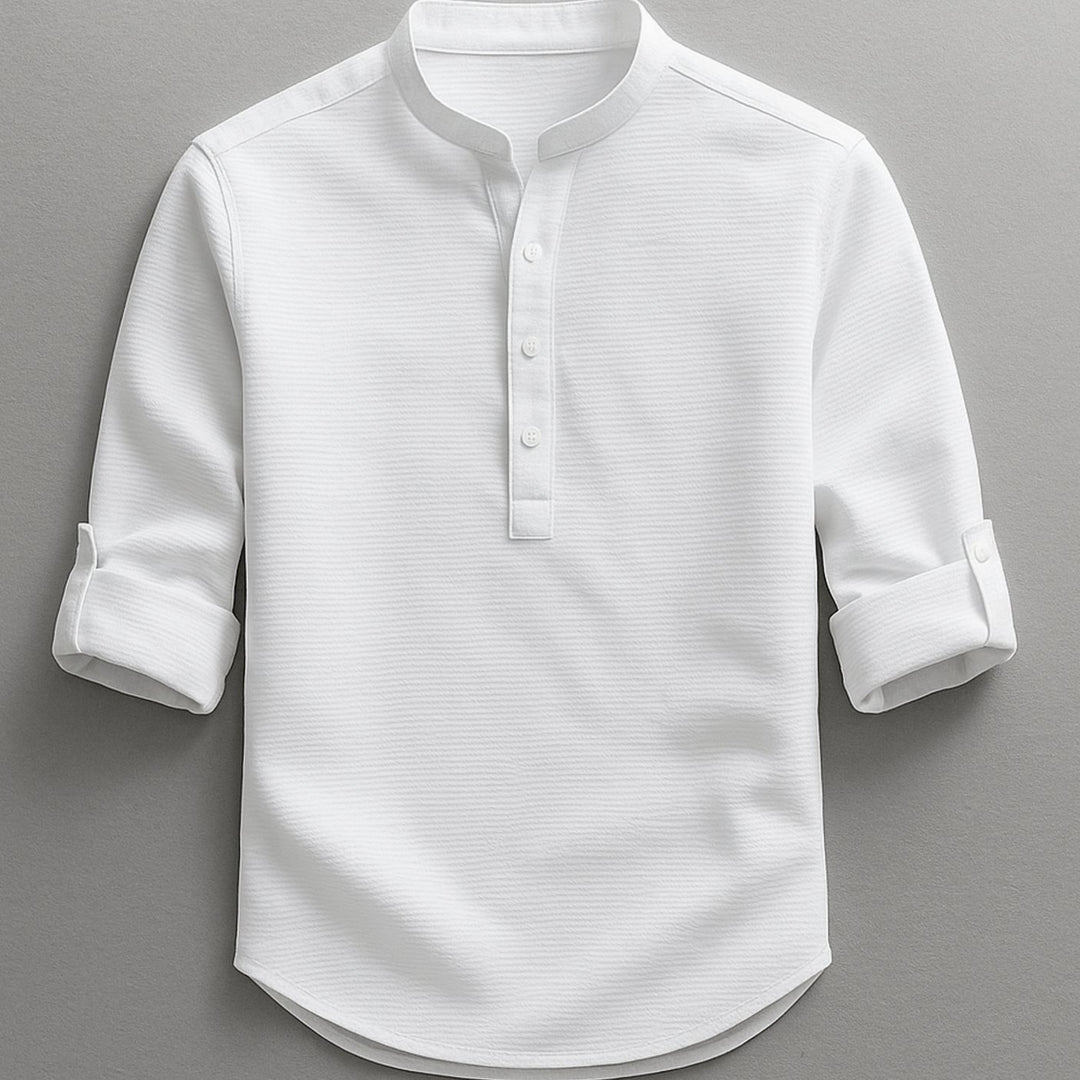Heren Katoenen Overhemd Staande Kraag Knoop Relaxed Fit - Wit