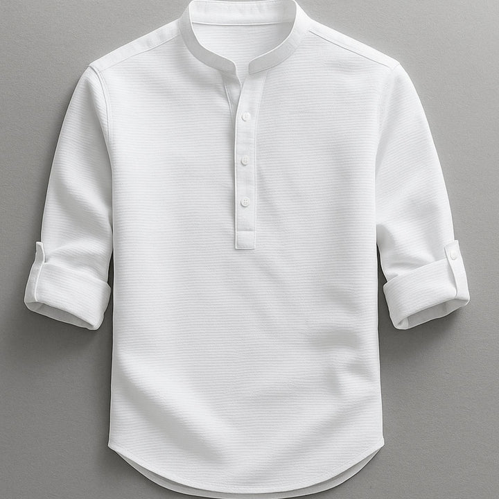 Heren Katoenen Overhemd Staande Kraag Knoop Relaxed Fit - Wit