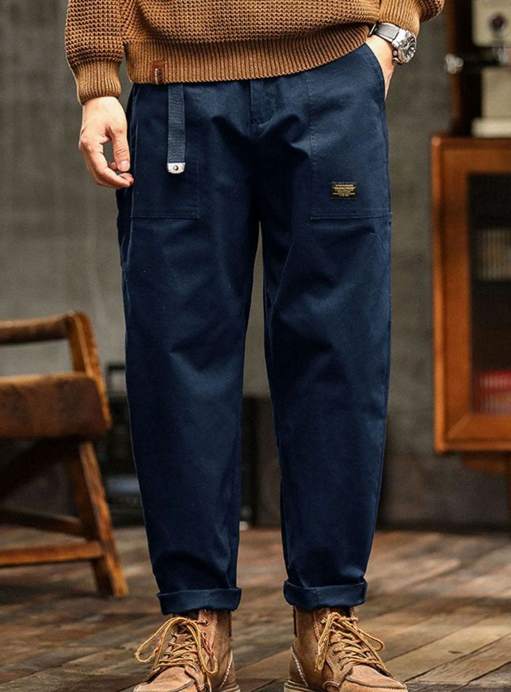 Heren Katoenen Utility Cargo Pantalon met Zakken Relaxed Fit - Marineblauw