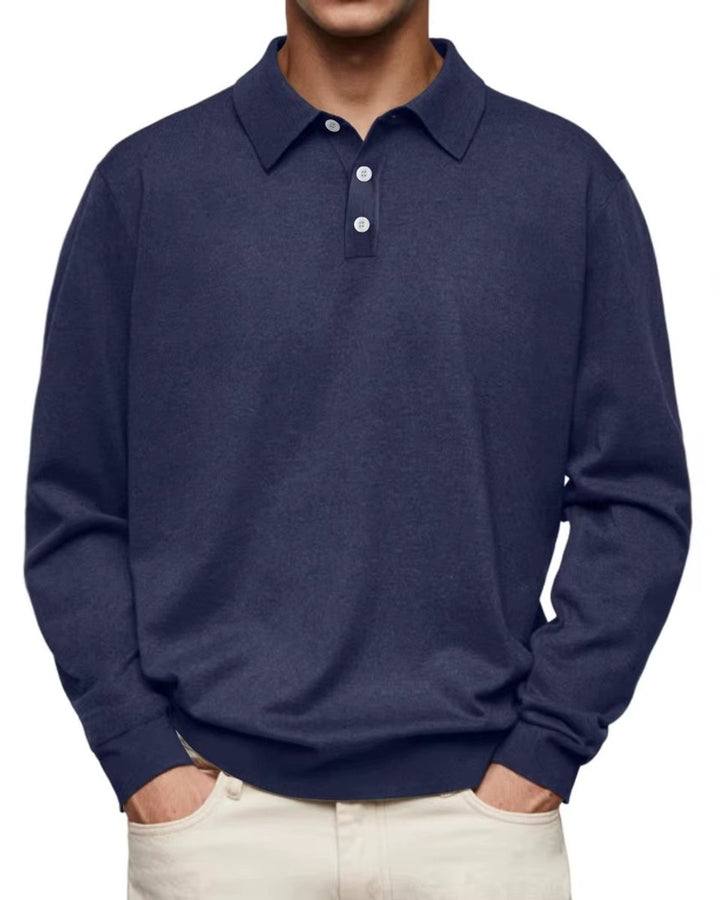 Heren Klassiek Langarm Poloshirt met Knoopsluiting - Marineblauw