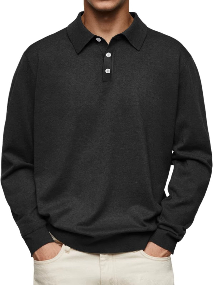 Heren Klassiek Langarm Poloshirt met Knoopsluiting - Zwart