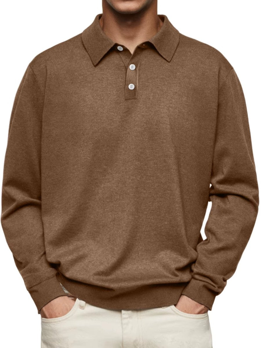 Heren Klassiek Langarm Poloshirt met Knoopsluiting - Bruin
