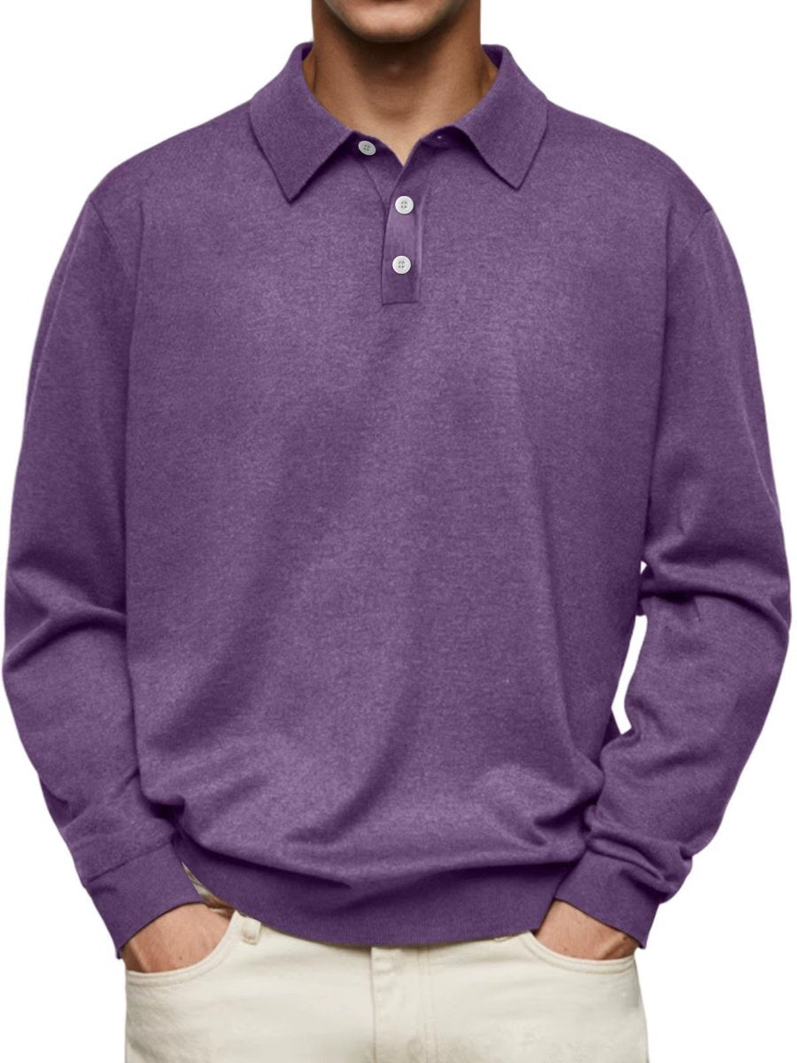 Heren Klassiek Langarm Poloshirt met Knoopsluiting - Paars