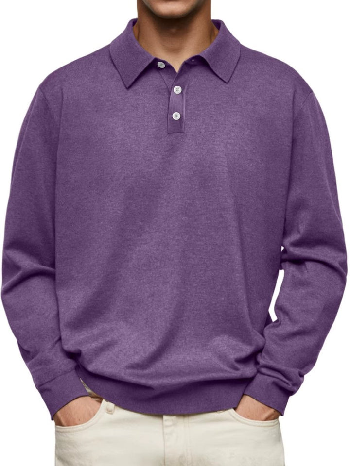 Heren Klassiek Langarm Poloshirt met Knoopsluiting - Paars