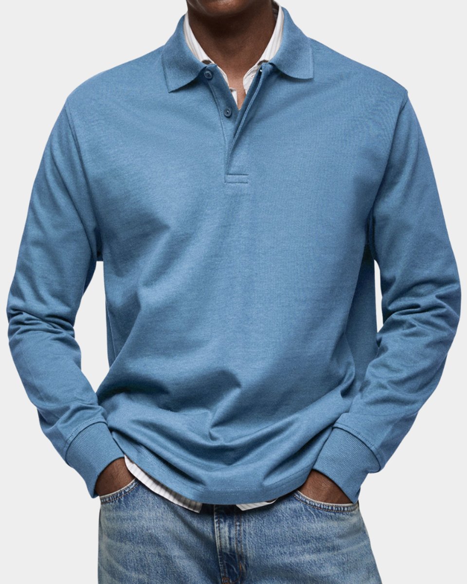 Heren Klassiek Langarm Poloshirt met Kraag - Lichtblauw