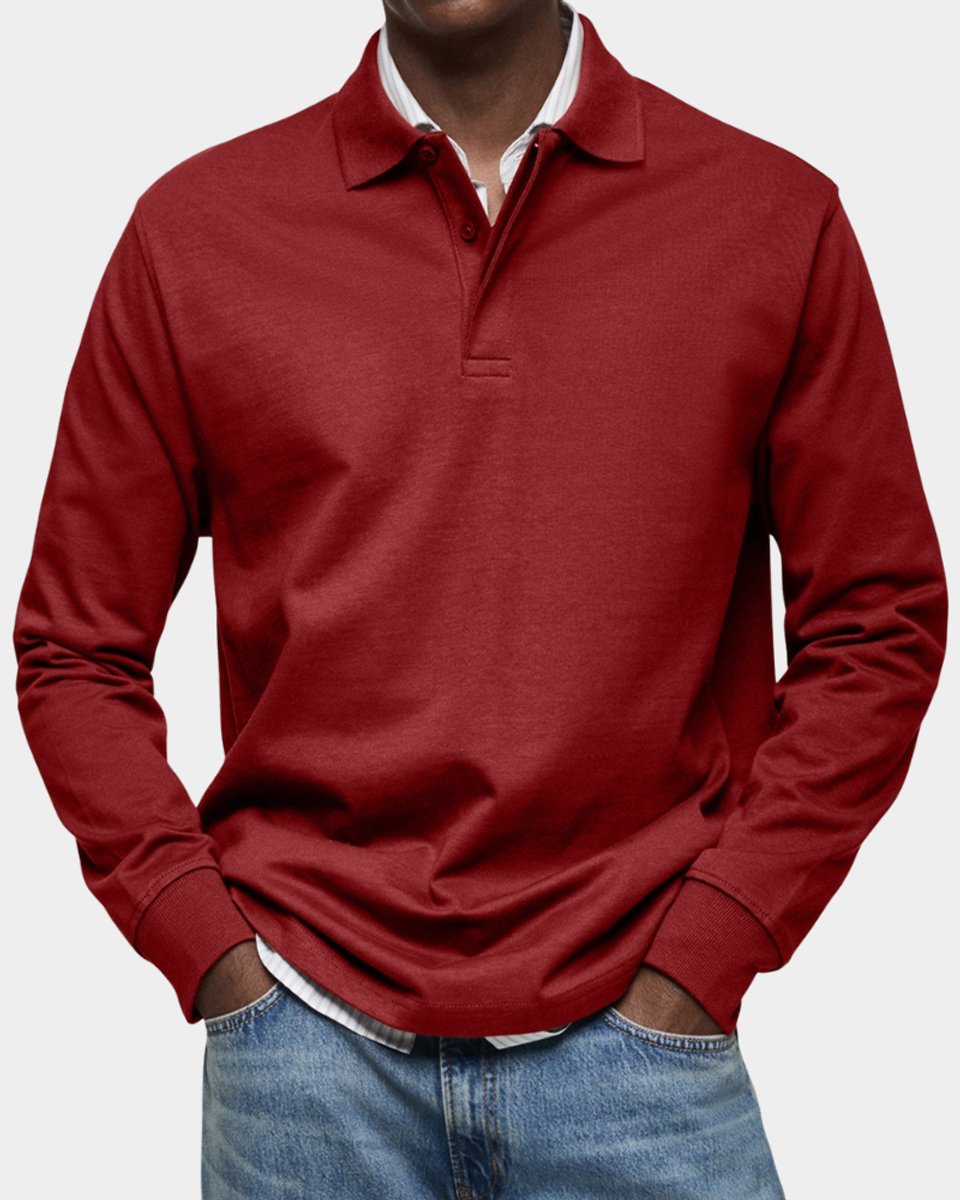 Heren Klassiek Langarm Poloshirt met Kraag - Rood