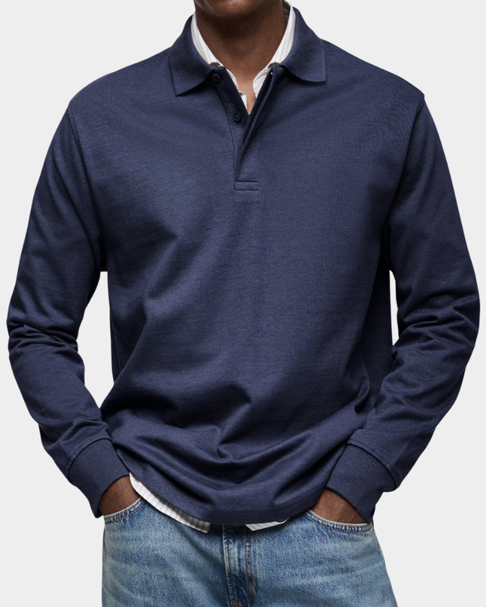 Heren Klassiek Langarm Poloshirt met Kraag - Marineblauw