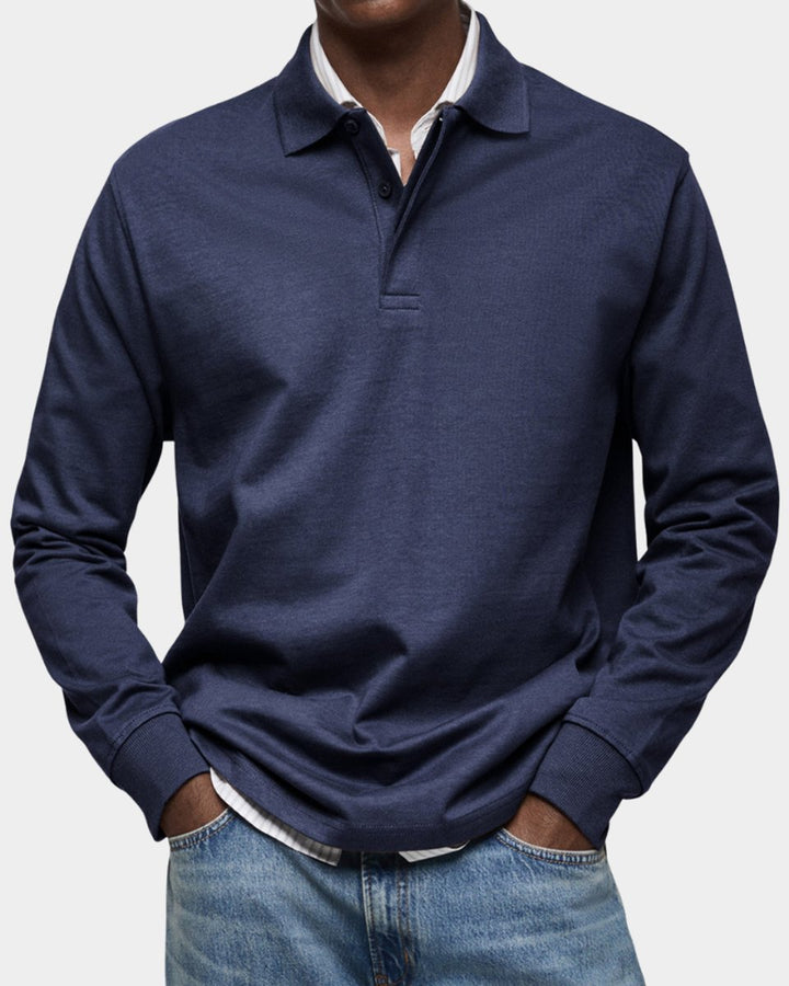 Heren Klassiek Langarm Poloshirt met Kraag - Marineblauw