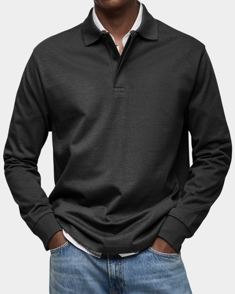 Heren Klassiek Langarm Poloshirt met Kraag - Zwart