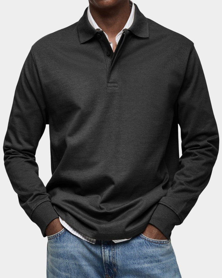Heren Klassiek Langarm Poloshirt met Kraag - Zwart