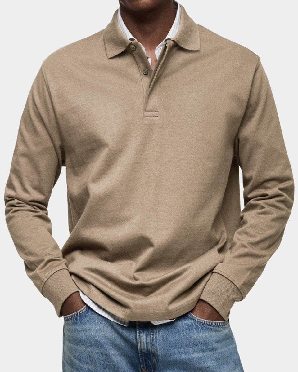 Heren Klassiek Langarm Poloshirt met Kraag - Khaki