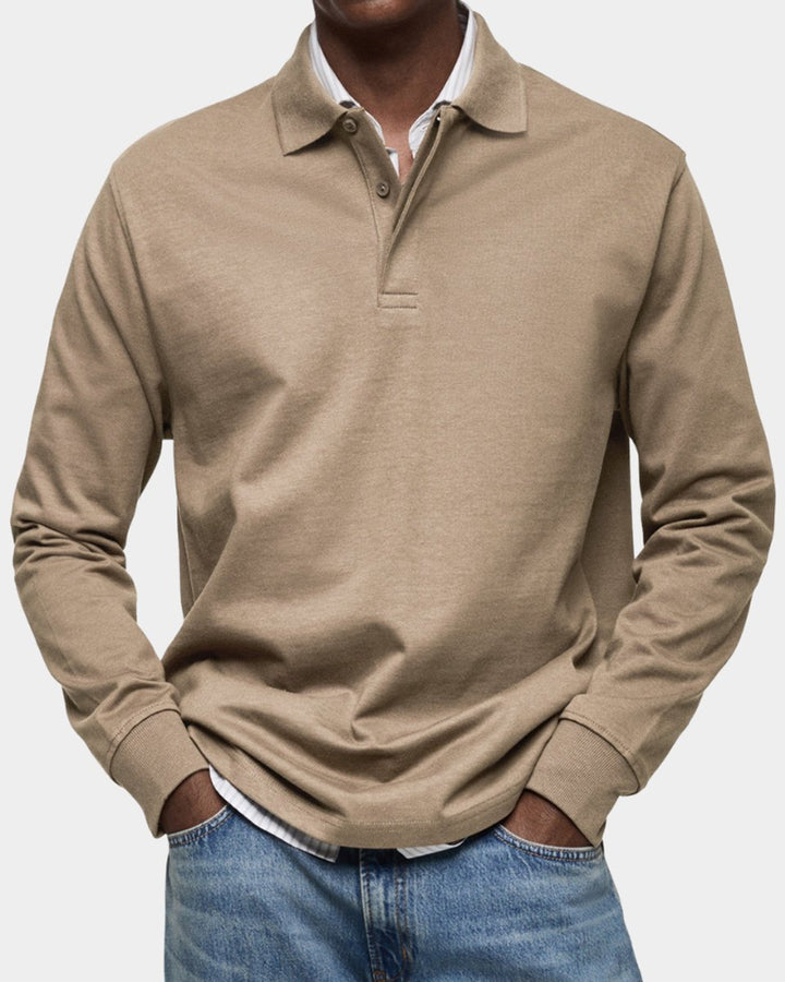 Heren Klassiek Langarm Poloshirt met Kraag - Khaki
