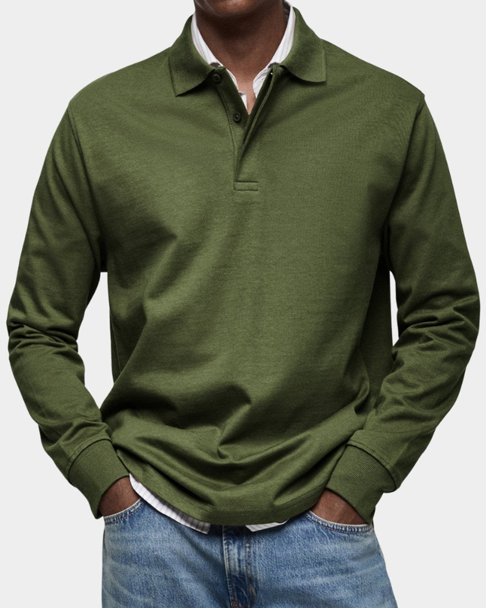 Heren Klassiek Langarm Poloshirt met Kraag - Legergroen
