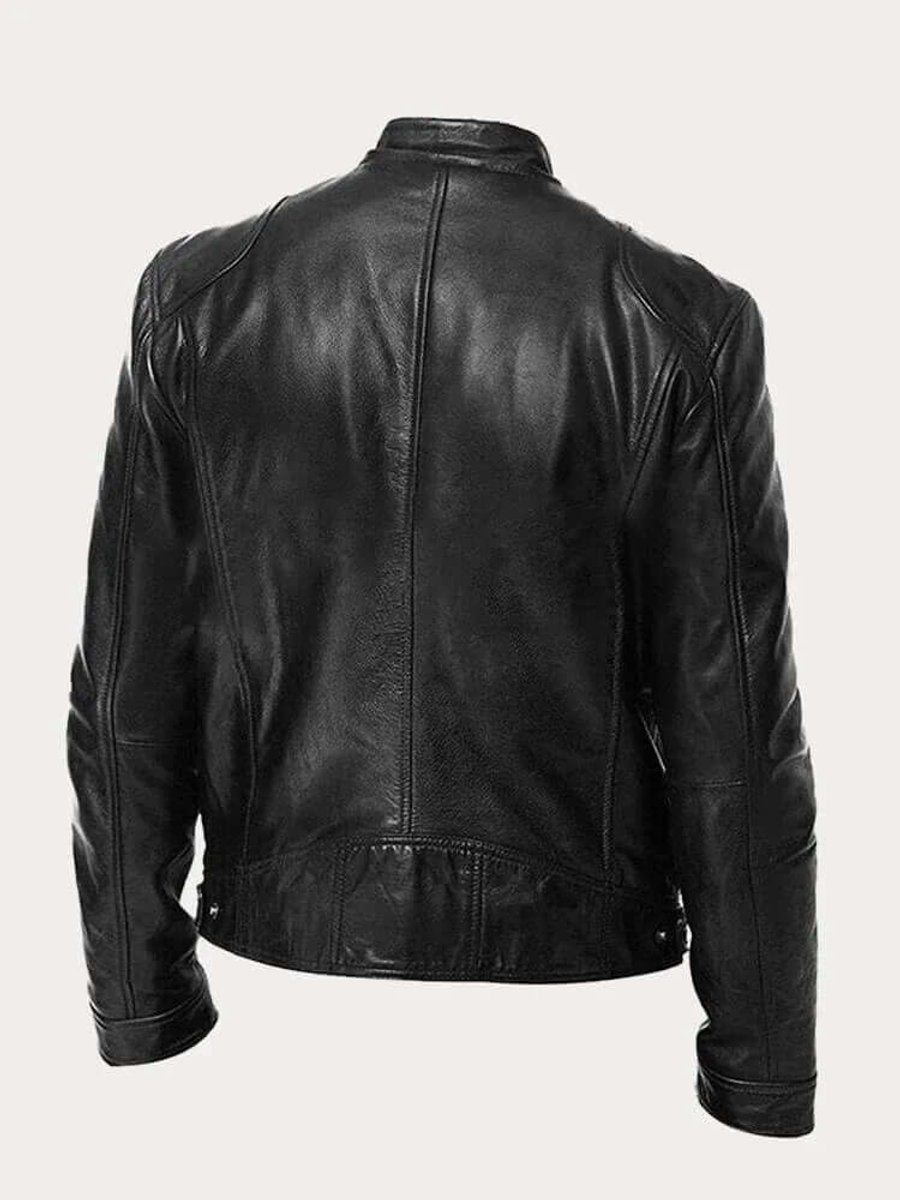 Heren Klassiek Slim-Fit Leren Jas met Staande Kraag