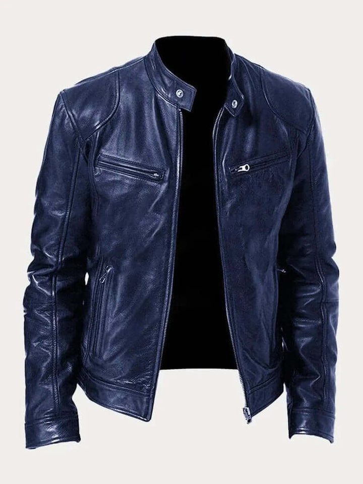 Heren Klassiek Slim-Fit Leren Jas met Staande Kraag - Donkerblauw