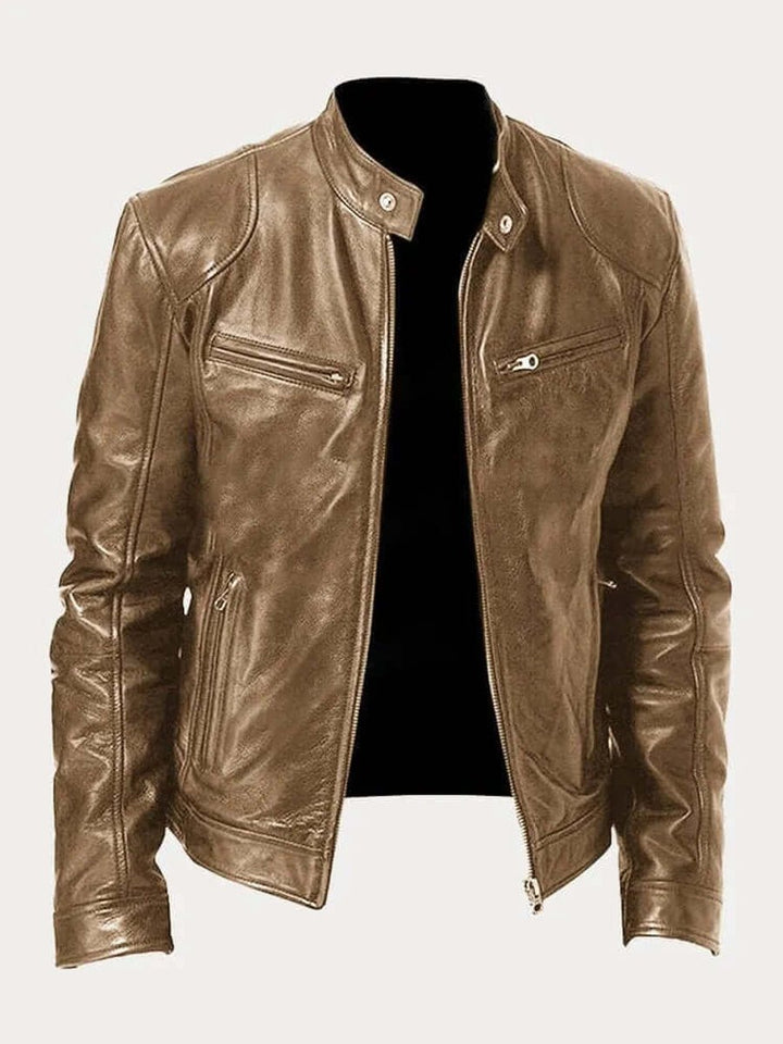 Heren Klassiek Slim-Fit Leren Jas met Staande Kraag - Khaki