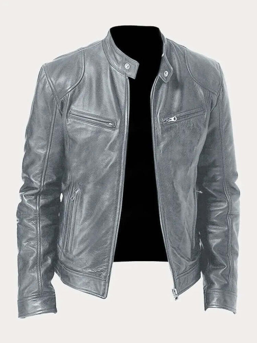 Heren Klassiek Slim-Fit Leren Jas met Staande Kraag - Grijs