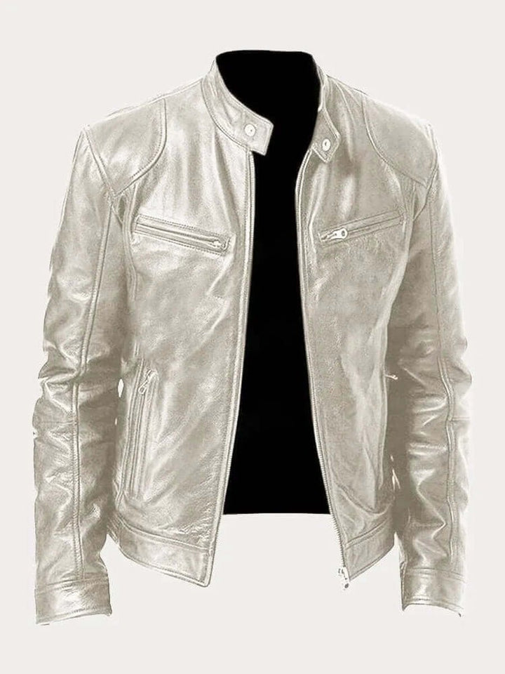 Heren Klassiek Slim-Fit Leren Jas met Staande Kraag - Zilver