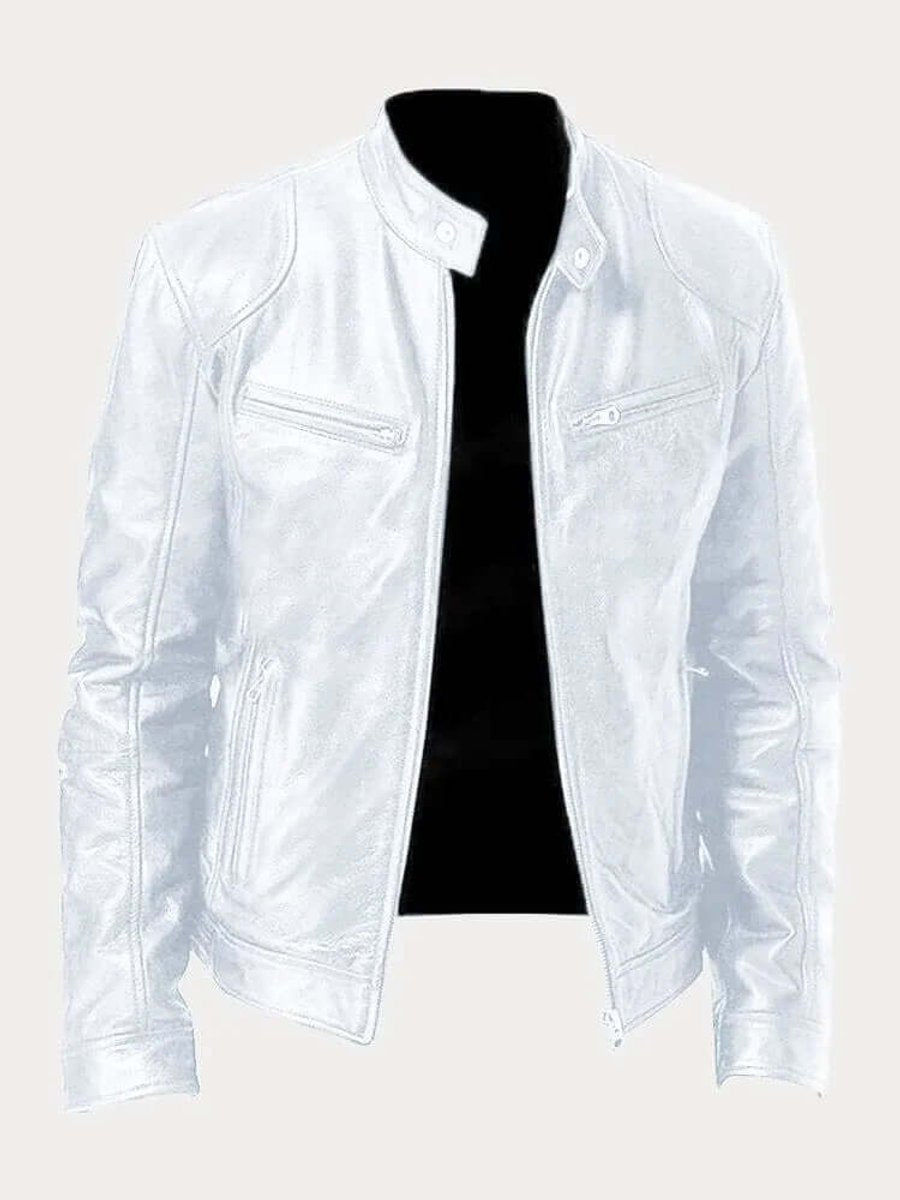 Heren Klassiek Slim-Fit Leren Jas met Staande Kraag - Wit