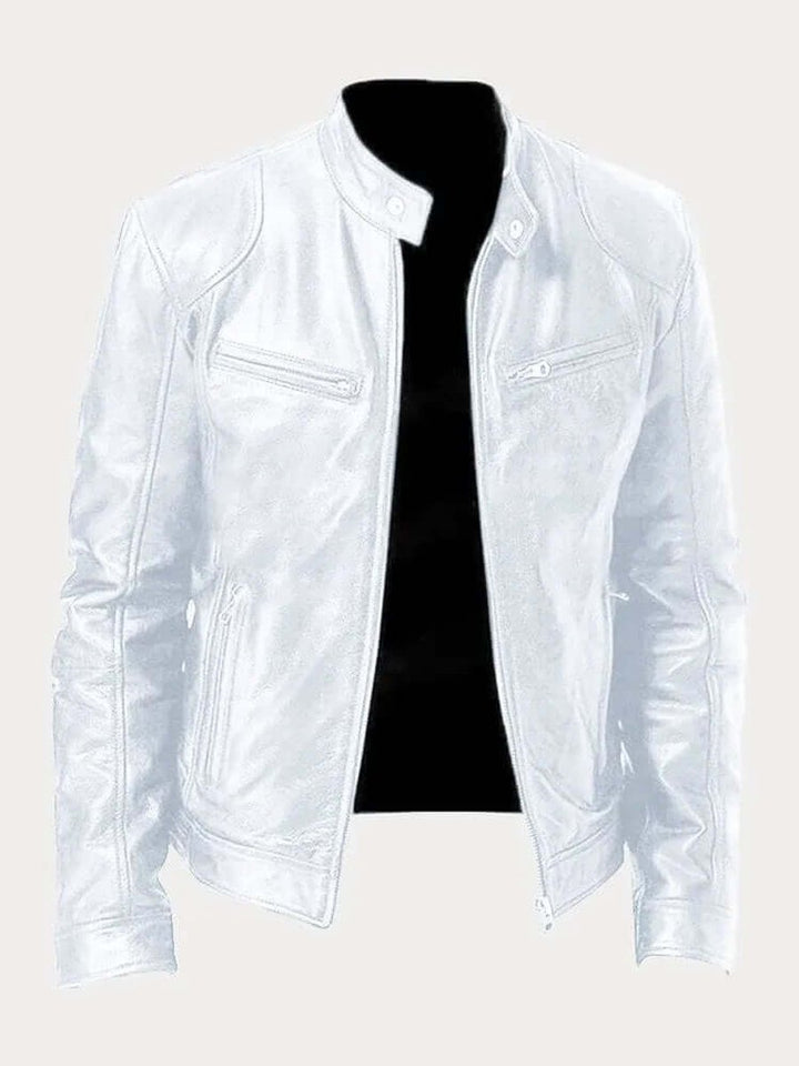 Heren Klassiek Slim-Fit Leren Jas met Staande Kraag - Wit