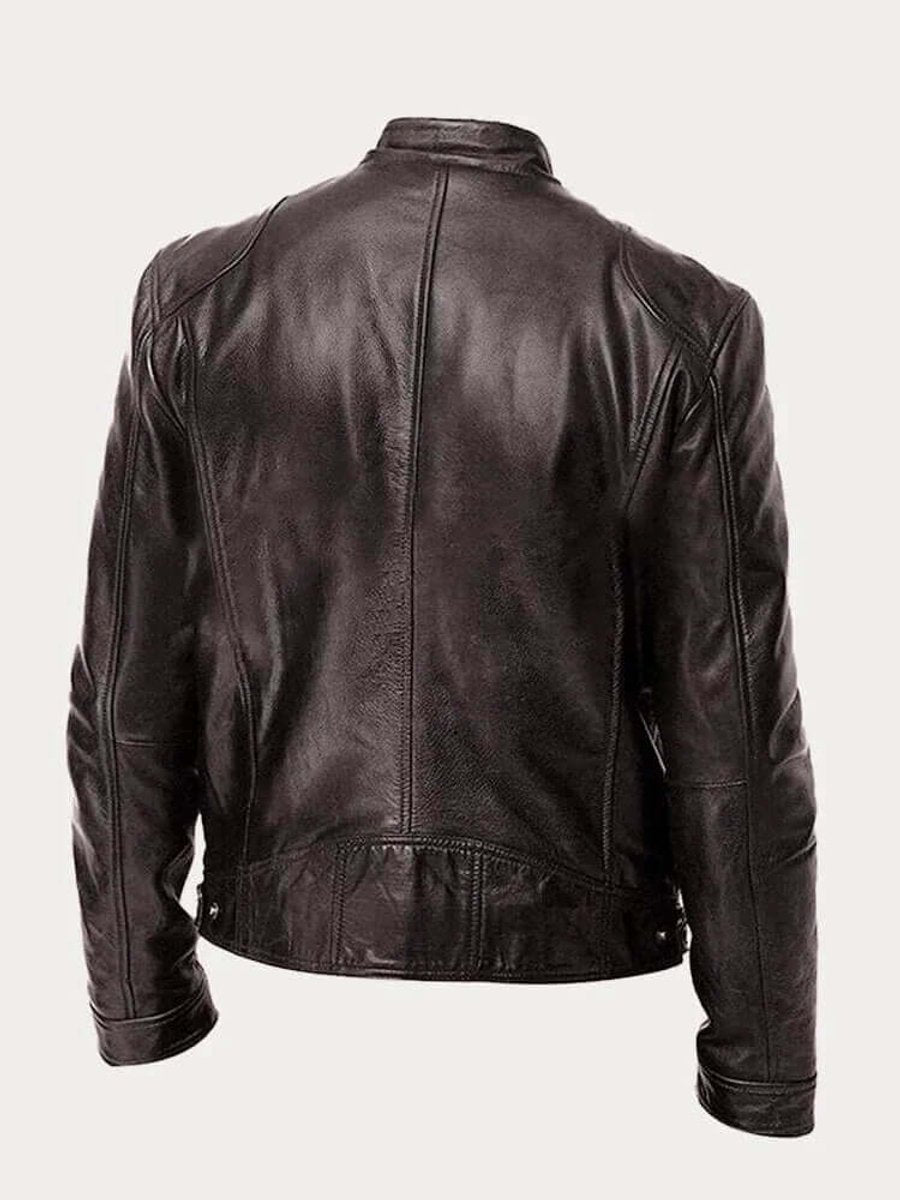 Heren Klassiek Slim-Fit Leren Jas met Staande Kraag