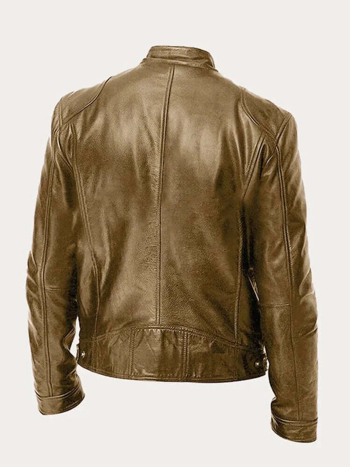 Heren Klassiek Slim-Fit Leren Jas met Staande Kraag