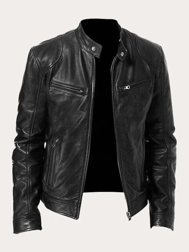 Heren Klassiek Slim-Fit Leren Jas met Staande Kraag - Zwart